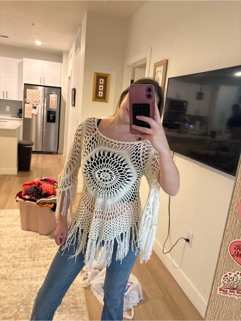 Fashion Nova Cream Crochet Fringe Tunic Top